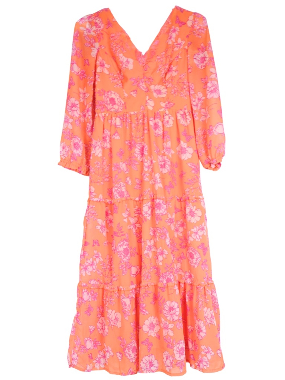 Sincerely Jules Floral Tiered Midi Dress XS Orange Pink Smocked Boho